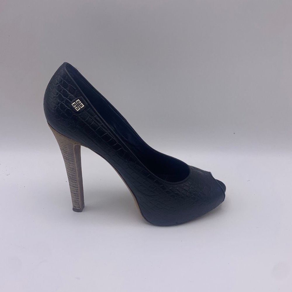 Givenchy Crocodile Embossed Leather Peep Toe Pumps Shoes Logo